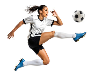 Pro female football player doing jumping air control during kick attempt on a midair ball
