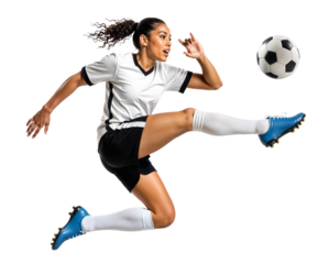 Pro female football player doing jumping air control during kick attempt on a midair ball