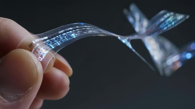 Laboratory technician manipulating a flexible printed circuit board prototype, demonstrating its flexibility and potential applications in electronics