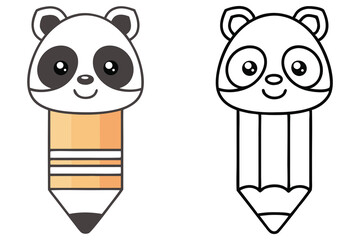 Charming panda head sits atop a cheerful pencil, presented in both color and line art