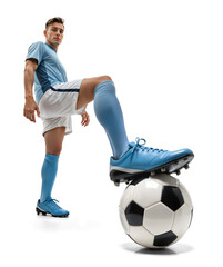 Fototapeta na wymiar Stylish dynamic zoom pose of a soccer player with his foot on ball on isolated background