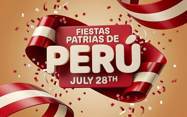 Peru independence day july 28th celebration with dynamic red and white patriotic ribbons and confetti background design ideal for fiestas patrias banners posters flyers and holiday promotions