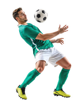 Pro male football player doing a ball control with his chest on isolated background