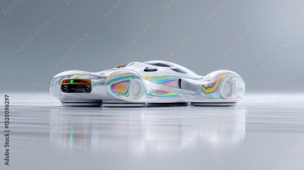 Poster futuristic transparent car design with colorful reflections in a minimalist setting.