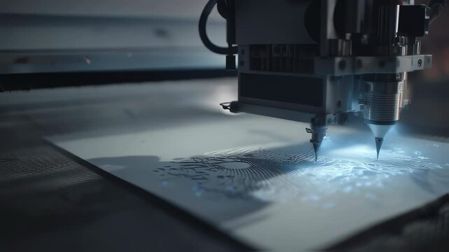 Sophisticated industrial laser meticulously engraves a complex, circular pattern onto a white material, showcasing precision and advanced manufacturing technology