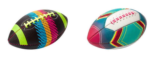 Vibrant American footballs with unique colorful fabric patterns