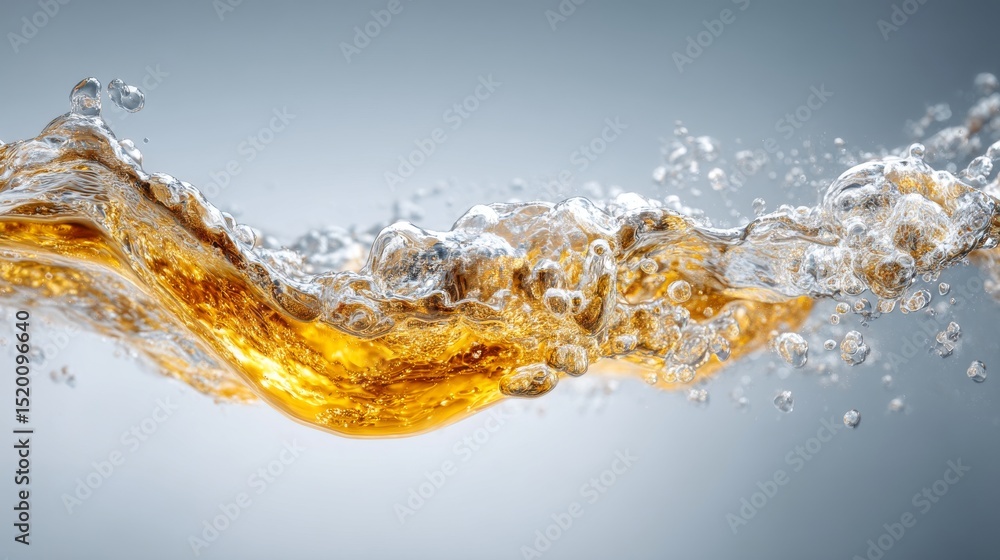 Poster golden liquid splash, creating dynamic water motion in a minimalistic setting.