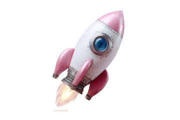 Pink retro rocket ship launching isolated on transparent background