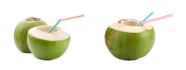 Fresh green coconuts with straws for drinking coconut water