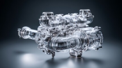 High-tech turbocharger engine component on a dark reflective background.