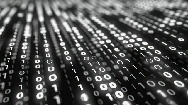 Abstract binary code rain effect with depth of field, data stream, digital background, futuristic technology concept