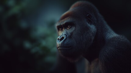 Obraz premium A focused gorilla gazes into the distance amidst a lush, blurred natural background, highlighting its majestic and powerful presence.