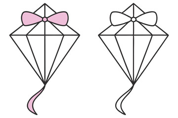 Two stylized kites are decorated with a bow and tail, shown on white
