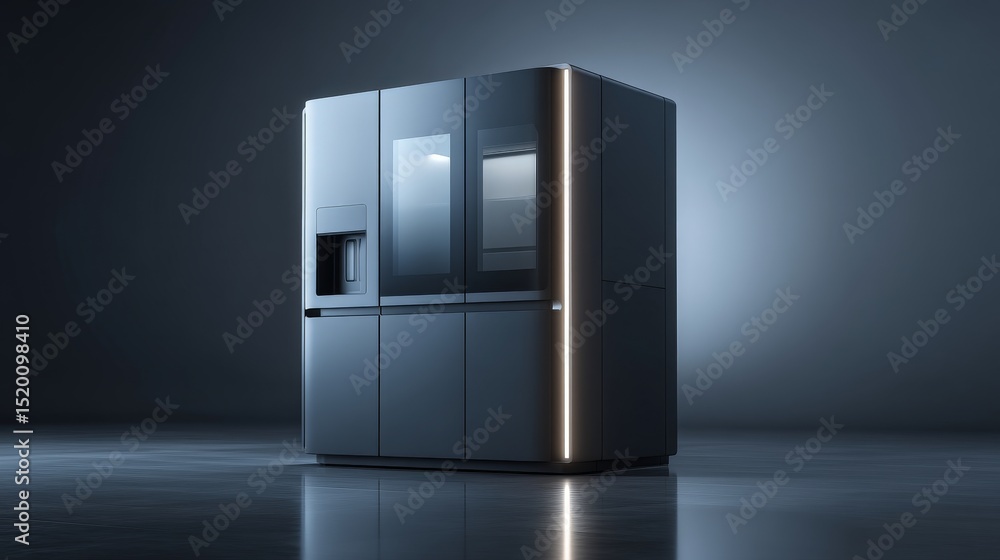 Poster modern refrigerator showcasing sleek design and advanced features in a minimalist setting.
