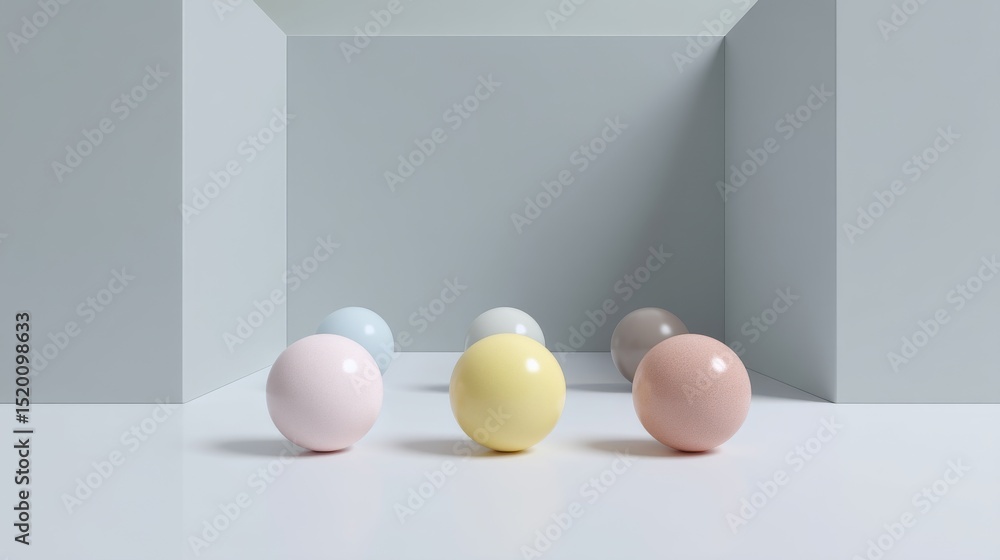 Poster pastel colored spheres arranged in a minimalist setting with soft lighting.