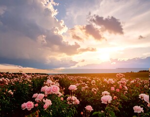 Obraz premium Pink rose field at sunset