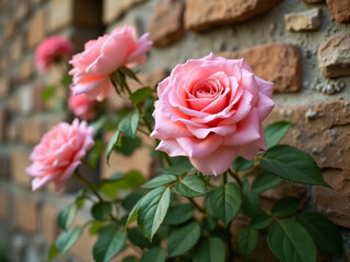 Fototapeta premium Natural light photo of pink Damask roses growing against an old rustic stone wall, warm tones of the wall complimenting the softness of the petals