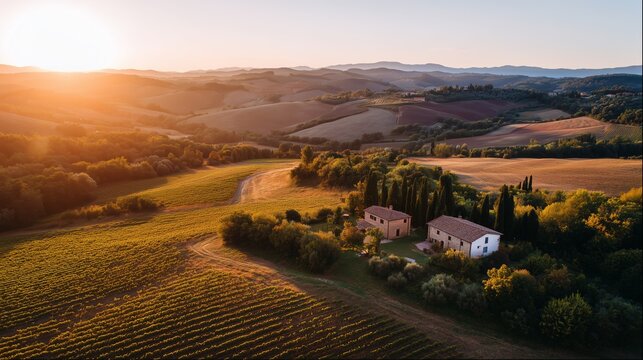Stunning aerial view of Tuscan vineyards bathed in golden sunset light, showcasing picturesque rolling hills and rustic villas.
