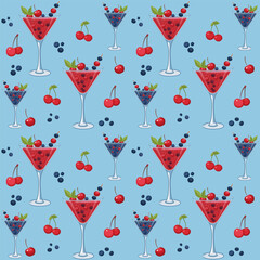 Seamless pattern with  glasses of martini, cherries and blueberries.  Vector illustration on blue background.For wrapping,textile, menu design, bar/cafe theme.