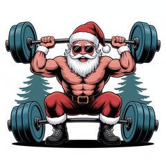 Fitness Santa Illustration – Santa Claus Lifting Dumbbells in Fun Holiday Style