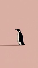 Fototapeta premium An adorable penguin stands against a delicate pastel pink background in this clean, minimalist illustration. With its soft color palette and generous blank space, this charming artwork is perfect for