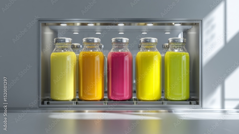 Poster vibrant bottles of juice showcasing a colorful array of fresh flavors in a modern display.