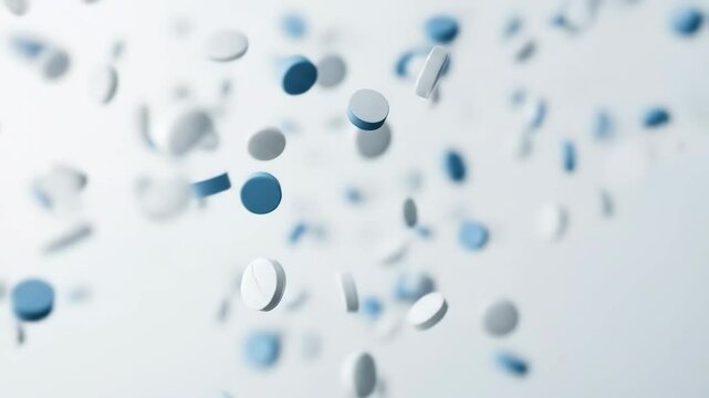 Cascading blue and white disks creating a dynamic falling motion in slow transition