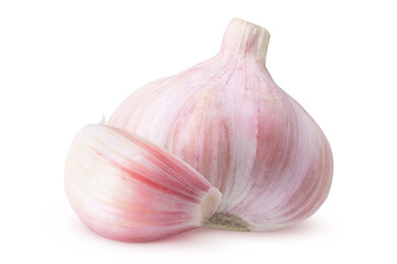Garlic on isolated white background. Whole and head of garlic, 2 objects.