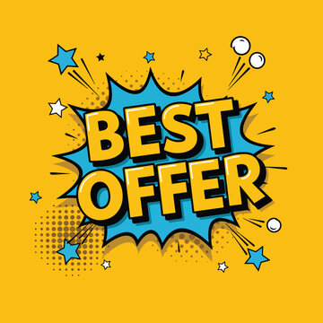 Naklejki best offer pop art vector with comic burst and halftone effects on vibrant yellow