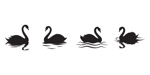 Elegant black swan silhouettes swimming in water with artistic ripples and graceful reflections in vector style,swan silhouette