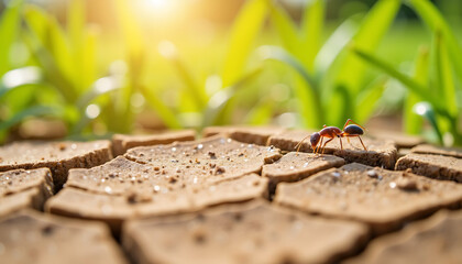 Ants walking on cracked soil with green grass in the background  
