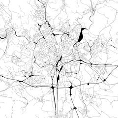 Monochrome city map with road and train network of	Brno, Czechia