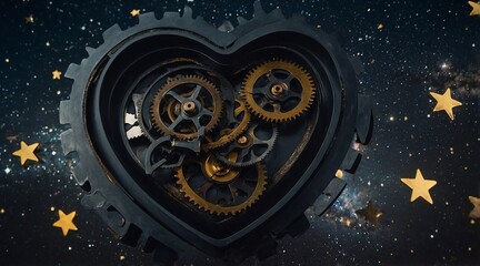 Dark Metal Heart Gear Mechanism with Gold Stars on Night Sky	

