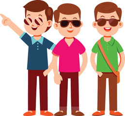 Three stylish young men wearing sunglasses standing together and pointing forward