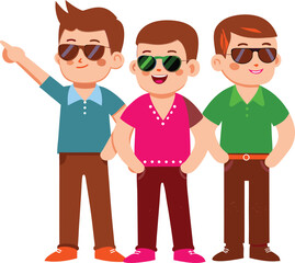 Three stylish young men with sunglasses standing together in a group