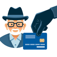 Elderly man with glasses receiving credit card from gloved hand  