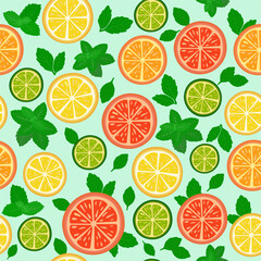 Seamless pattern with citrus fruit slices and mint leaves. Vector illustration on light green background.Suitable for textile, wrapping paper, kitchen decor.