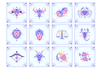 Collection of tarot cards with zodiac signs on white background.
