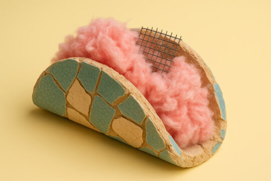 Naklejki Creative fast food taco made with non food elements, featuring pink cotton filling and mosaic shell on a pastel background