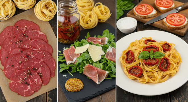 Italian Food Collage with Pasta, Salami, and Salad. - Powered by Adobe