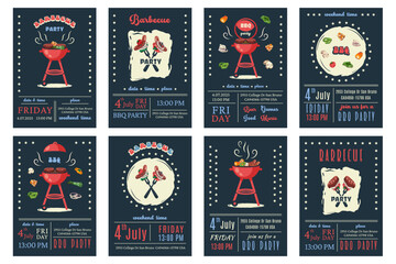 BBQ party. American 4th of July Celebration. Set of Set of barbecue invitation. Holiday card, poster, banner, flyer template for bbq picnic. Vector illustration with brazier, steaks, vegetables