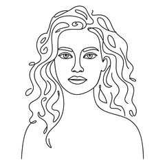 Minimalist portrait of a woman with curly hair, continuous line art, vector illustration