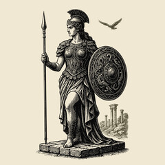 Athena warrior woman engraving style vector illustration


