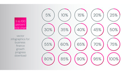 5 10 15 20 25 30 33 35 40 45 50 55 60 65 70 75 80 85 90 95 100 percent charts. Vector percentage infographics. Diagrams set. Illustrations for business, finance, download