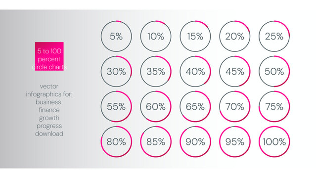 5 10 15 20 25 30 33 35 40 45 50 55 60 65 70 75 80 85 90 95 100 percent charts. Vector percentage infographics. Diagrams set. Illustrations for business, finance, download