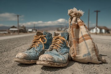 Old work boots and burlap sack on a dusty rural road under blue sky.
