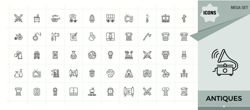 Antiques icon set. Outline icons collection. Pictograms of exhibit, culture, history, art, archaeologic, mediaeval, heritage. Pictogram and infographic. Archaeology linear icon collection.