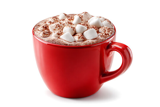 Delicious red mug filled with hot chocolate topped with marshmallows on white background
