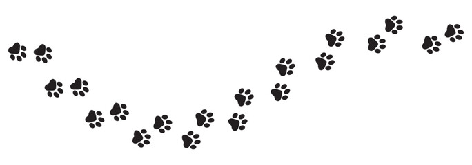 Paw print of a dog or cat. Footprint pet. Black lines animal prints isolated on white background. Tiger paws. Cute canine pattern. Puppy track. Feline step outline. Kitten leg. Vector illustration