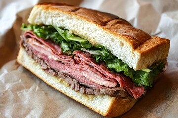 A classic sandwich with layers of meat and greens, Classic Sandwich Stacked with Tender Meat, Fresh Greens, and Flavorful Layers for a Hearty Bite
